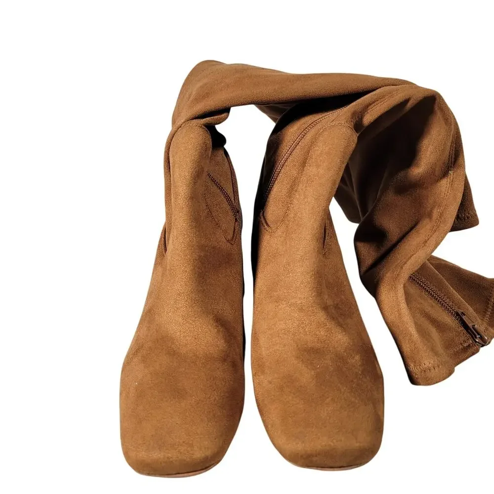 Nordstrom‎ Rack Tan Suede Square Toe Block Heel Knee High Boots Women Size 5
